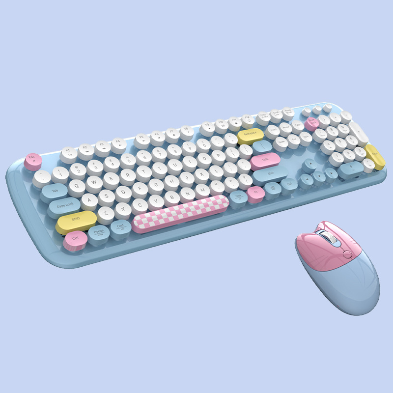 Retro Gaming Kc - キャンディーカラーレトロラウンドキーワイヤレスキーボード&キャットマウスキット2.4G人間工学に基づいたサイレントキーボードWindowsデスクトップノートブック用
